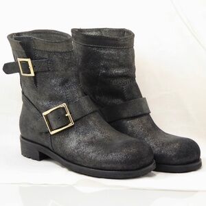 Jimmy Choo Black Ankle Boots with Gold Buckles